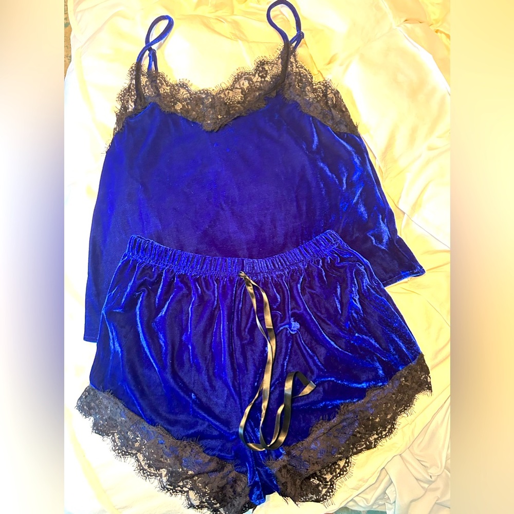 Velvet blue with black lace lingerie tank and short set